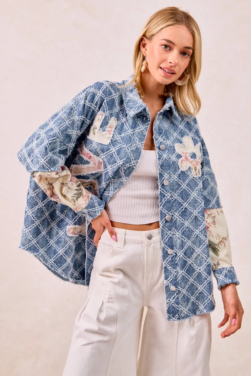 Mid Length Design IT4483K-01 | DISTRESSED DENIM JACKET TOP WITH FLORAL SLEEVES