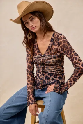 Changeable Style IT4487S-01 | LEOPARD PRINTED MESH TOP WITH BUTTON UP V NECK
