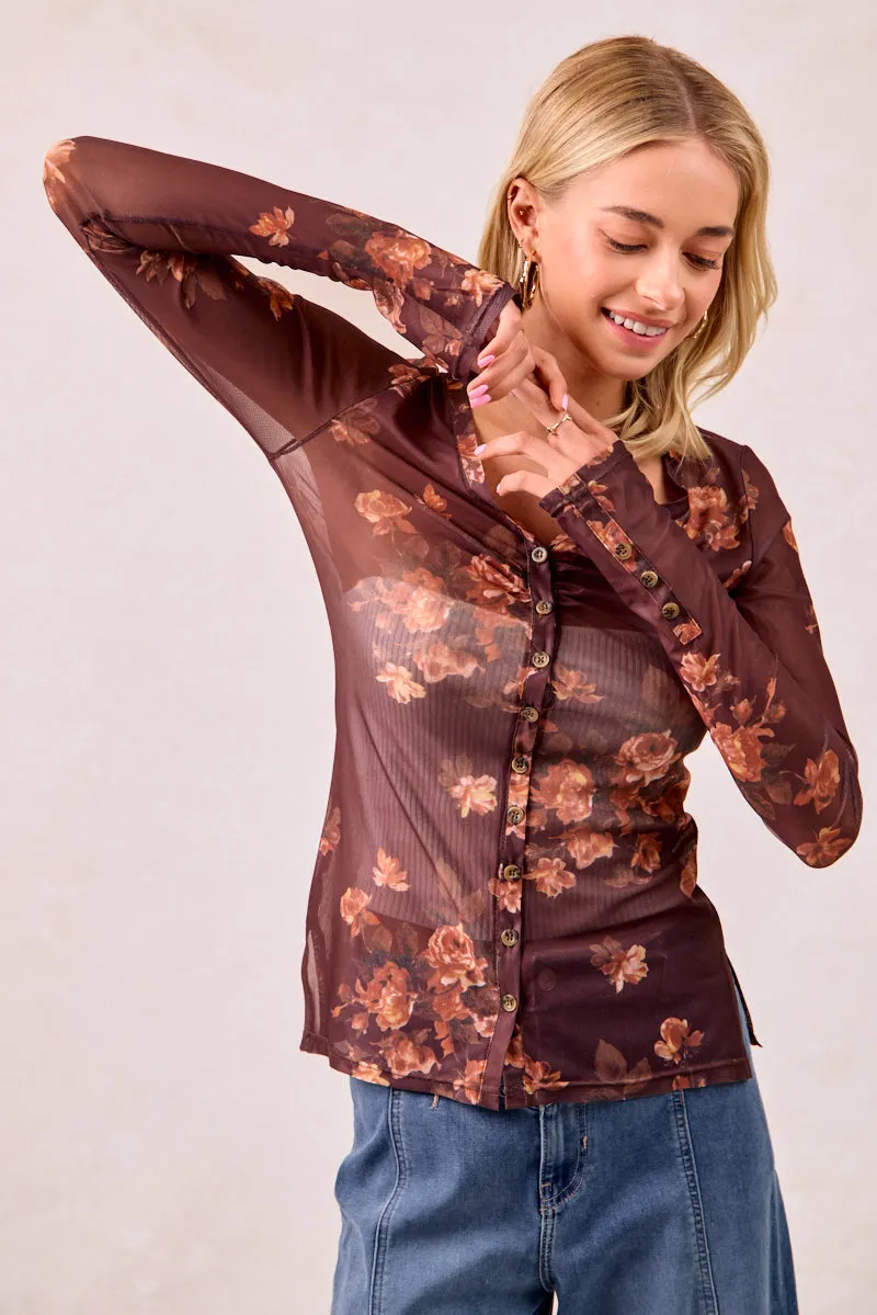 Mid Length IT4487S-02 | FLOWER PRINTED MESH BUTTONED V NECK TOP