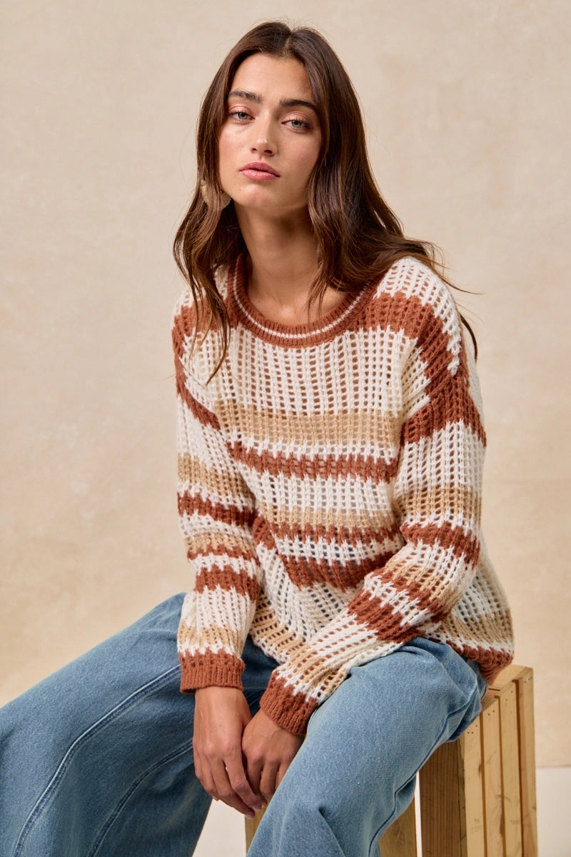 Everyday Comfort IT4490H-01 | STRIPED OPEN KNIT SWEATER WITH LONG SLEEVES