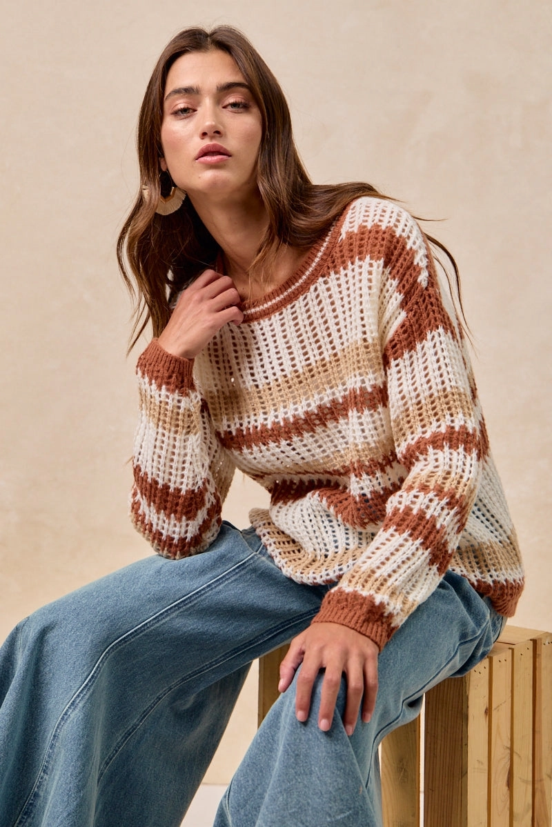 IT4490H-01 | STRIPED OPEN KNIT SWEATER WITH LONG SLEEVES Day To Night