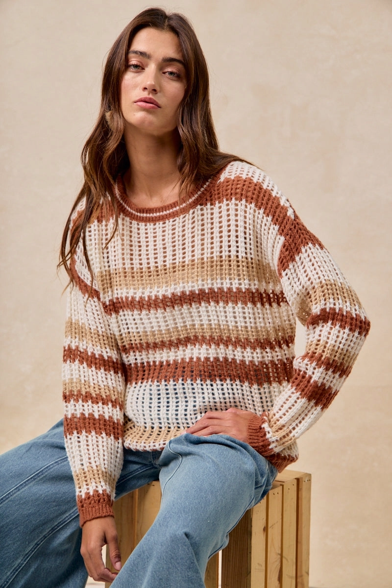 Machine washable Core Ease IT4490H-01 | STRIPED OPEN KNIT SWEATER WITH LONG SLEEVES