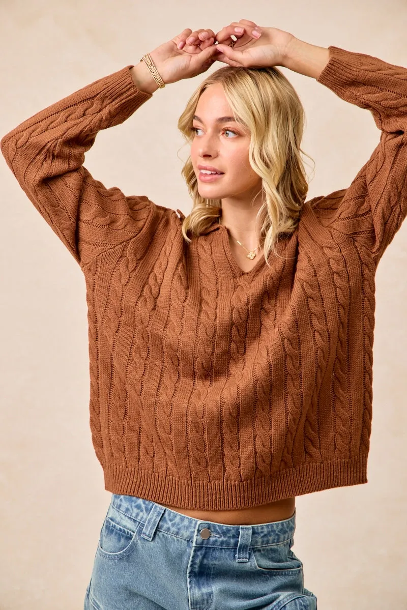 IT4493H-02 | CABLE KNIT SWEATER TOP WITH NECKDROP COLLARED Crisp Layer