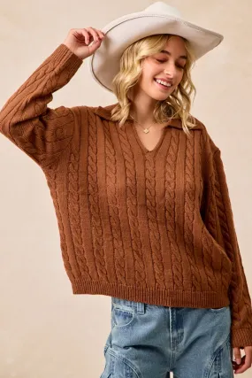 Timeless Appeal IT4493H-02 | CABLE KNIT SWEATER TOP WITH NECKDROP COLLARED