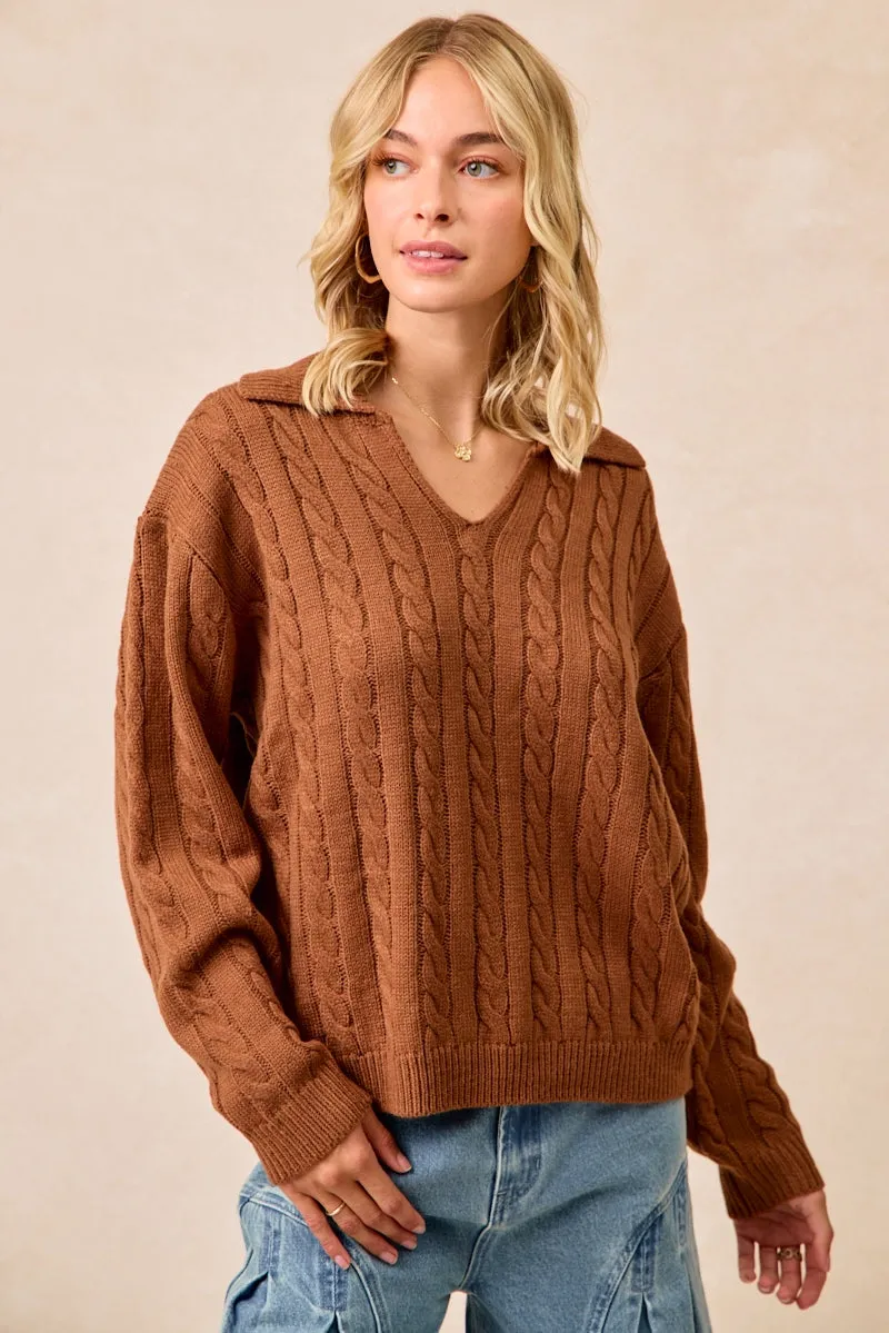 IT4493H-02 | CABLE KNIT SWEATER TOP WITH NECKDROP COLLARED Modern Relaxed