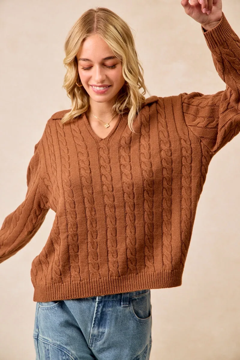 Weather Flex IT4493H-02 | CABLE KNIT SWEATER TOP WITH NECKDROP COLLARED
