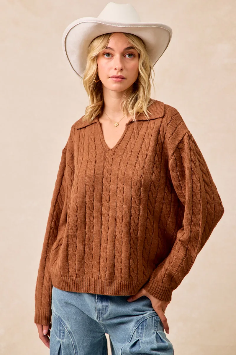 IT4493H-02 | CABLE KNIT SWEATER TOP WITH NECKDROP COLLARED All Day Fit