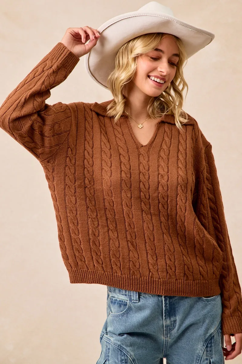 IT4493H-02 | CABLE KNIT SWEATER TOP WITH NECKDROP COLLARED Cozy Stretch