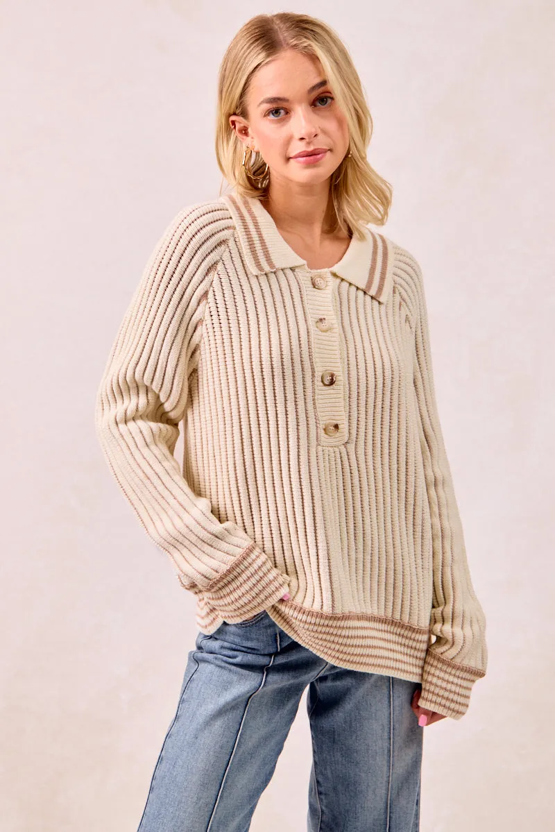 IT4500S-01 | TWO TONE SWEATER TOP WITH BUTTON UP COLLARED City Look