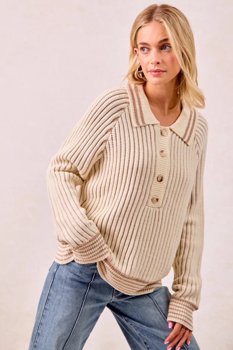 IT4500S-01 | TWO TONE SWEATER TOP WITH BUTTON UP COLLARED Outdoor Adventure Wear