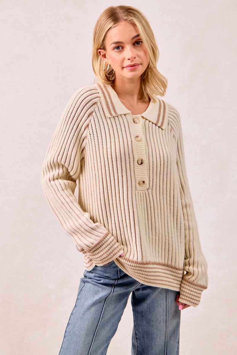 Polished Look IT4500S-01 | TWO TONE SWEATER TOP WITH BUTTON UP COLLARED