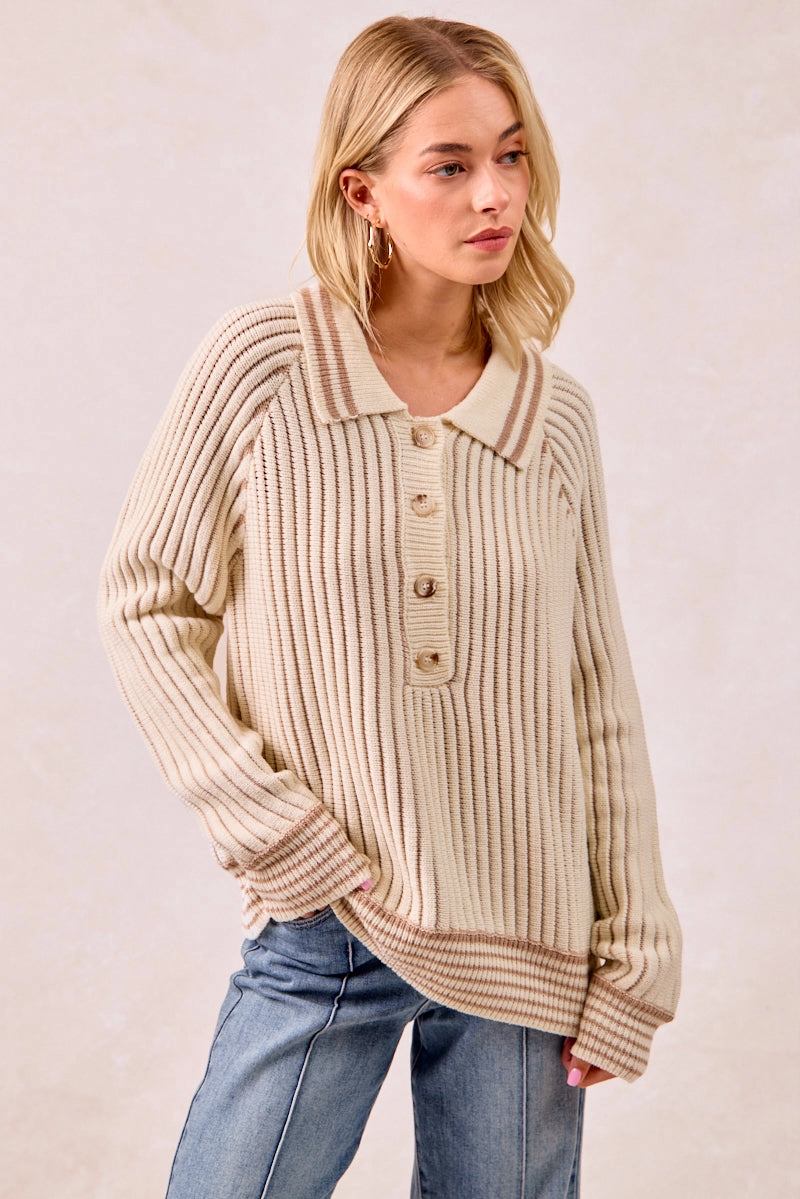 Seasonal Basic IT4500S-01 | TWO TONE SWEATER TOP WITH BUTTON UP COLLARED