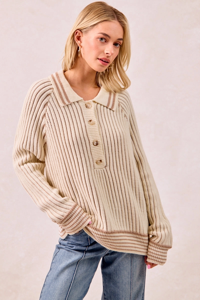 IT4500S-01 | TWO TONE SWEATER TOP WITH BUTTON UP COLLARED Tapered ankle Wrinkle-Resistant