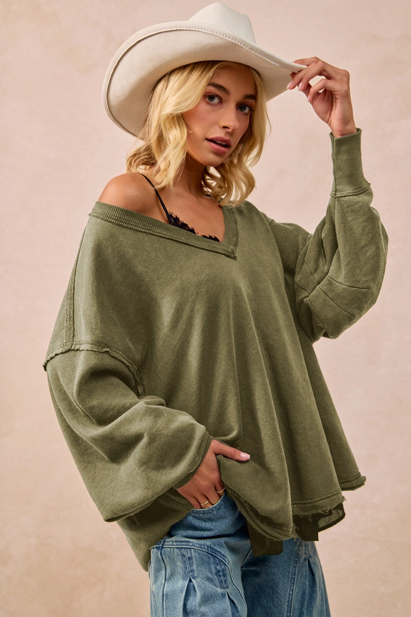 IT4503-01 | MINERAL WASHED FRENCH TERRY OVERSIZED SWEATSHIRT Functional Pocket Stylish Chill Piece