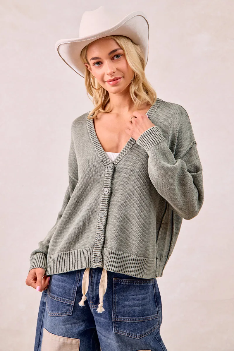 IT4509-01 | WASHED SWEATER V NECK CARDIGAN Long Sleeves Soft Shell