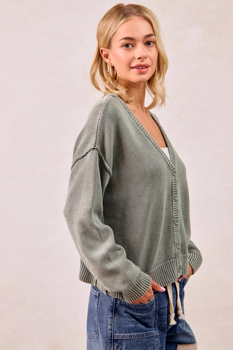 Heat Keep IT4509-01 | WASHED SWEATER V NECK CARDIGAN