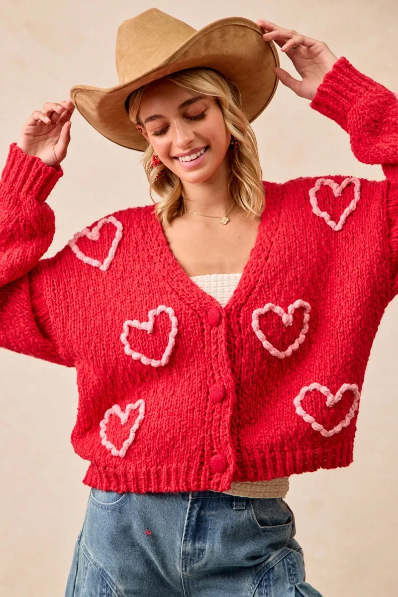 IT4515-01 | POM POM HEART V-NECK SWEATER CARDIGAN Travel Street Style Vegan Safe