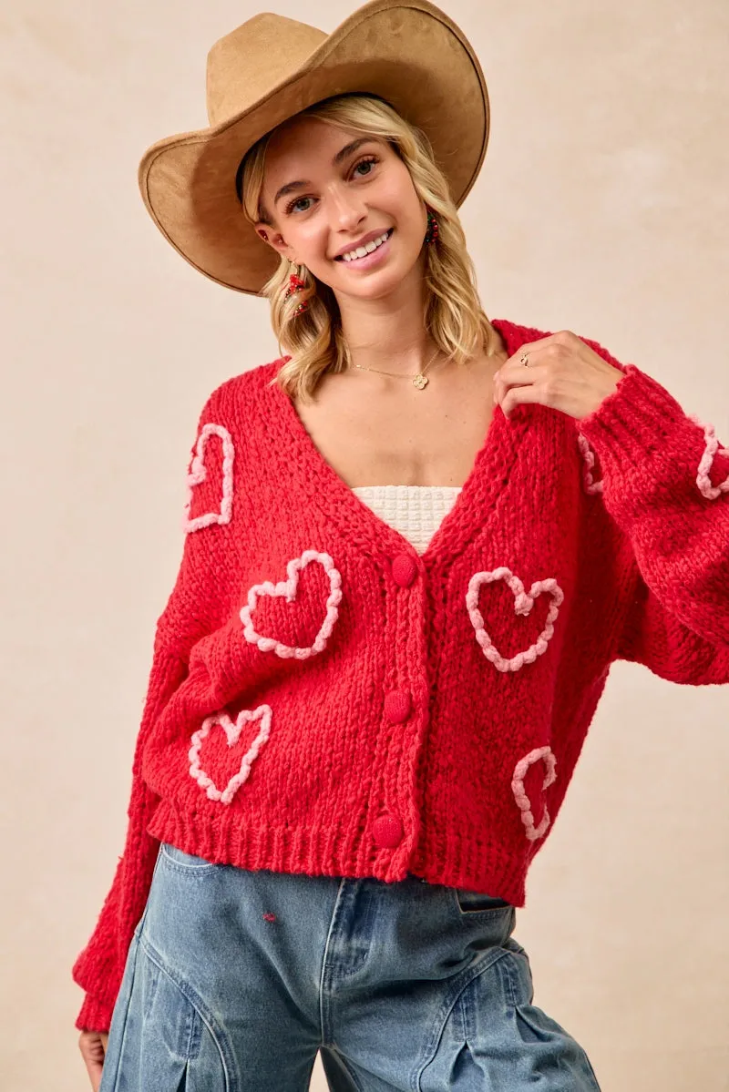 IT4515-01 | POM POM HEART V-NECK SWEATER CARDIGAN Soft Weather Wear Light Weight