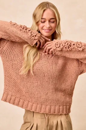IT4521-01 | CHUNKY KNIT SWEATER TOP WITH FLOWER DETAIL SLEEVES Ripped design