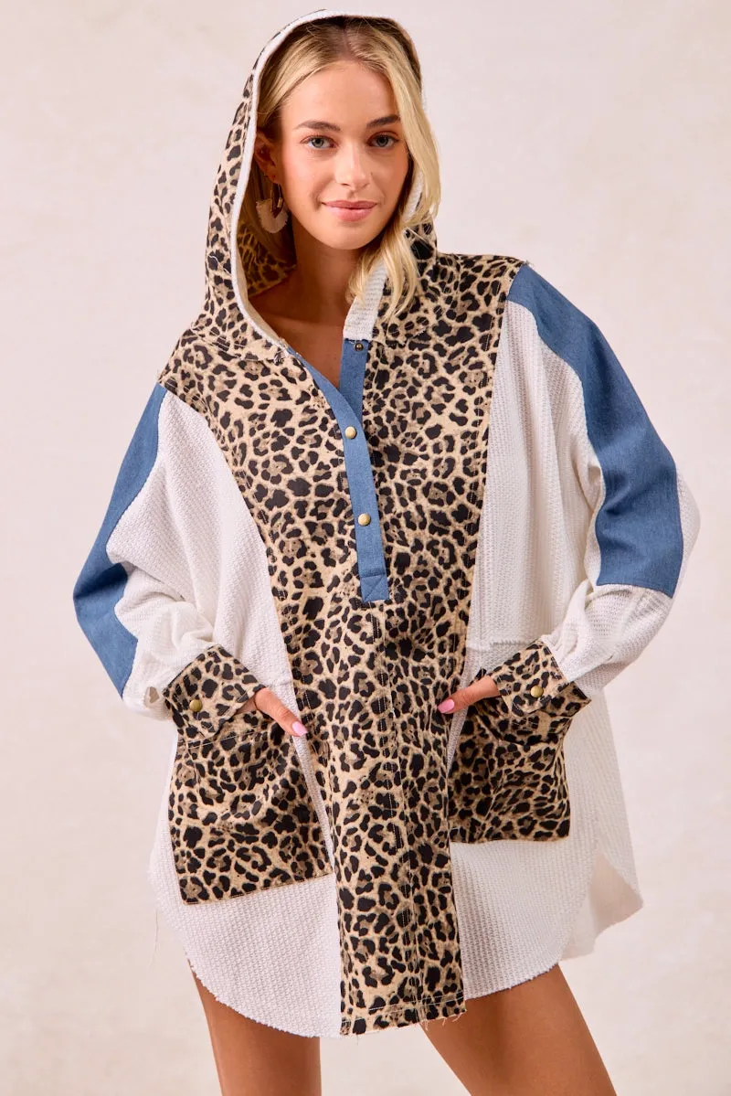 Fit For Travel IT4531K-01 | LEOPARD DENIM MIX AND MATCH WAFFLE  LONG HOODIE