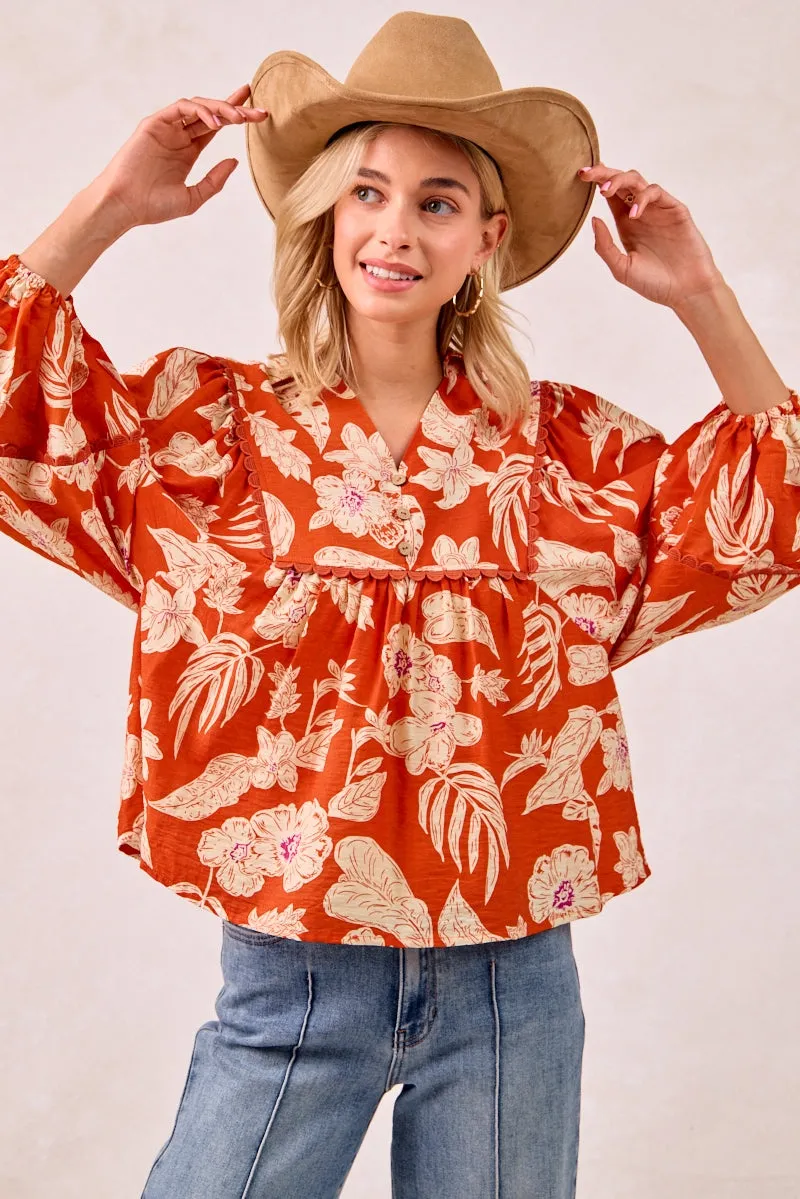 Winter Ready City Ready IT4532S-02 | FLOWER PRINTED WOVEN TOP WITH SCALLOP TRIM DETAIL BALLOON SLEEVES