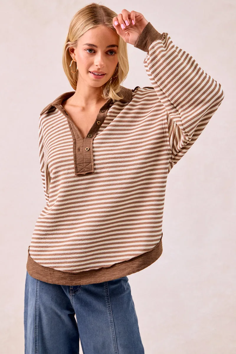 Tech Use Draft Block IT4543S-01 | SLUB KNIT AND STRIPES MIX AND MATCH COLLARED TOP