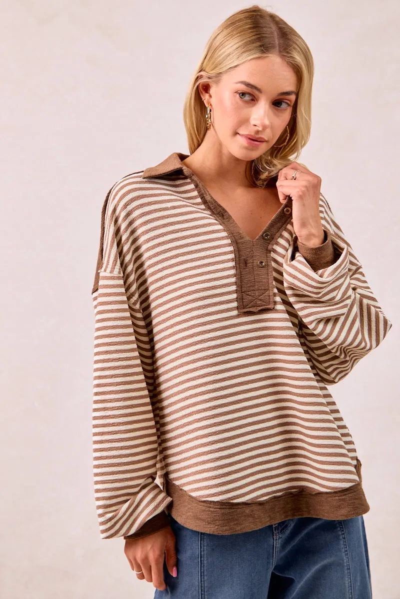 IT4543S-01 | SLUB KNIT AND STRIPES MIX AND MATCH COLLARED TOP Vintage Inspired