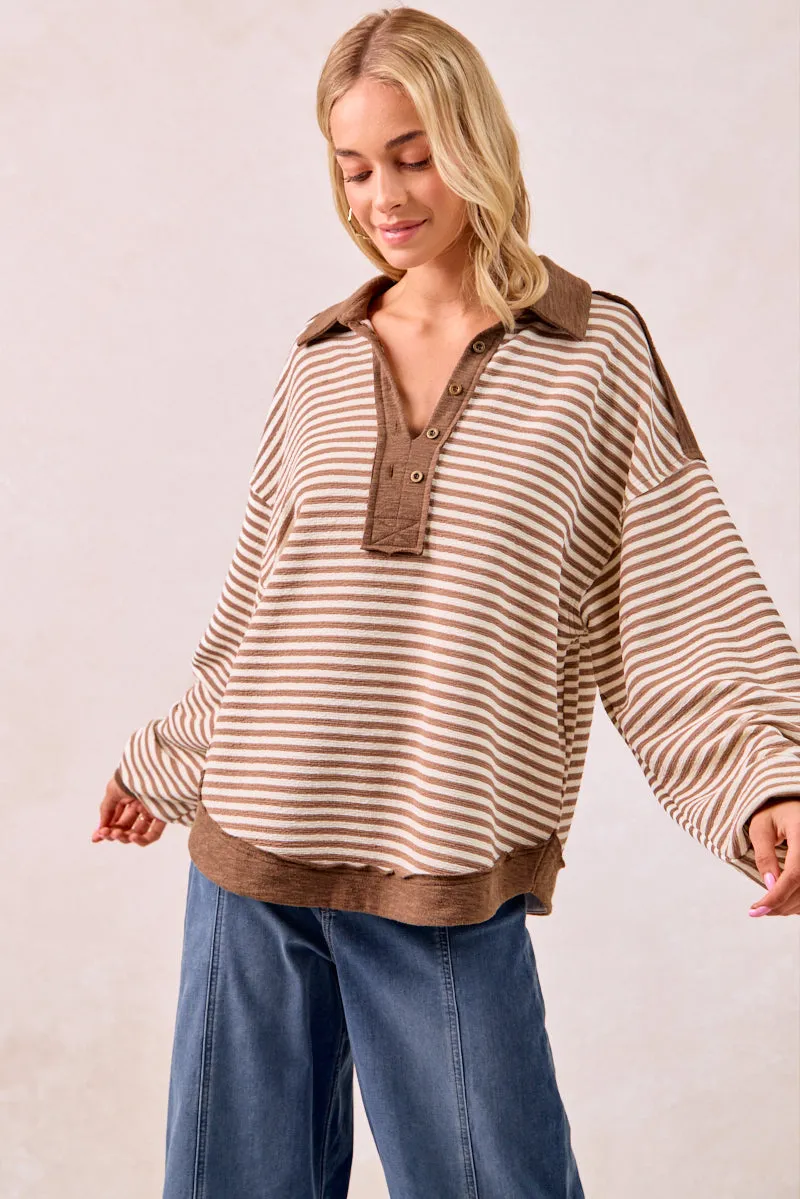 Loose Fit IT4543S-01 | SLUB KNIT AND STRIPES MIX AND MATCH COLLARED TOP