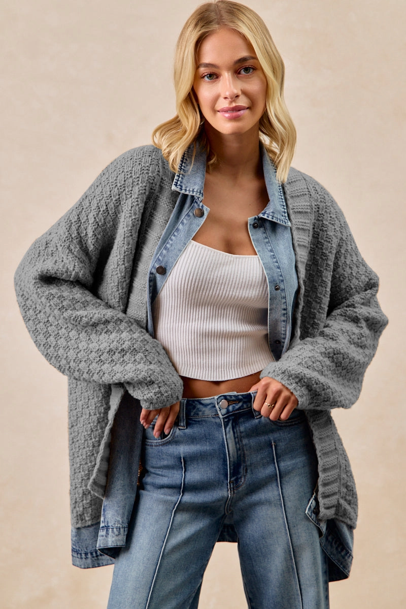IT4546G-01 | WASHED DENIM MIX AND MATCH SWEATER CARDIGAN Soft Texture