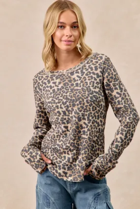 Daily Wear Jacket Sporty Fit IT4547G-01 | LEOPARD PRINT WASHED WAFFLE THERMAL TOP WITH THUMB