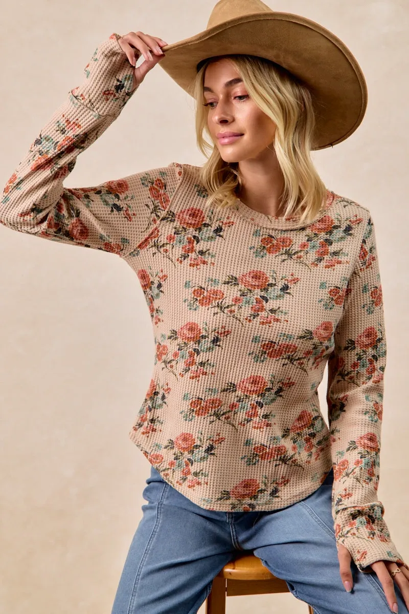 Cold Weather IT4547G-05 | FLORAL PRINT WASHED WAFFLE THERMAL TOP WITH THUMB
