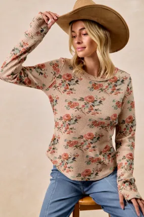 Practical Layer IT4547G-05 | FLORAL PRINT WASHED WAFFLE THERMAL TOP WITH THUMB