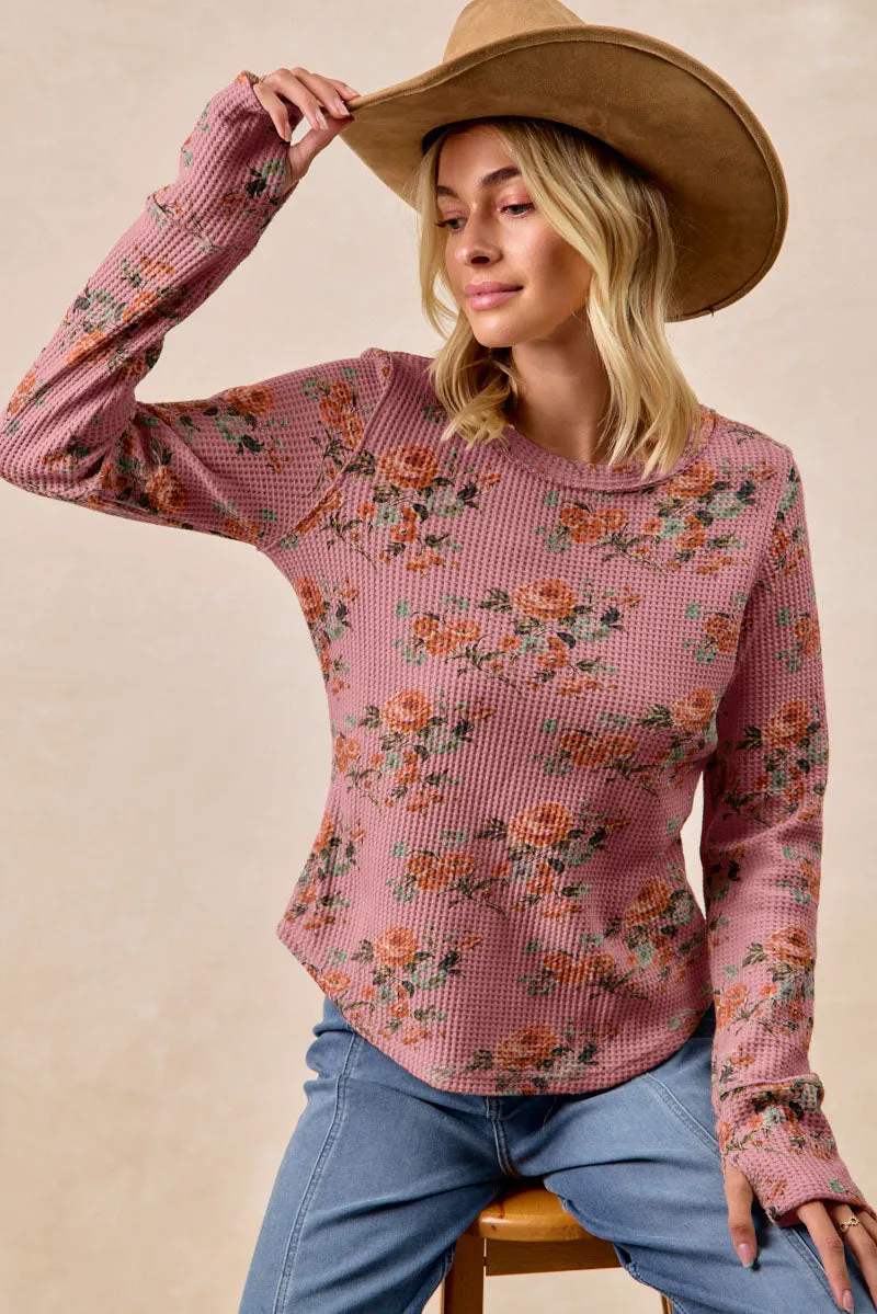 Casual Style Easy Wear IT4547G-05 | FLORAL PRINT WASHED WAFFLE THERMAL TOP WITH THUMB
