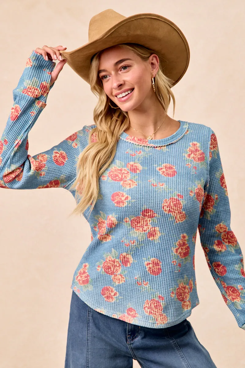 IT4547G-07 | FLORAL PRINT WASHED WAFFLE THERMAL TOP Day To Day Classic Fit Cut