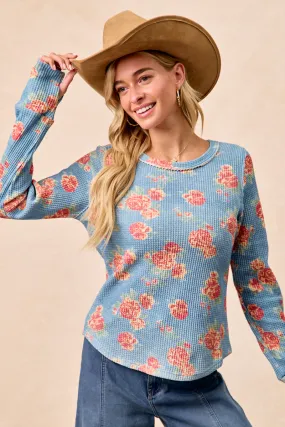 IT4547G-07 | FLORAL PRINT WASHED WAFFLE THERMAL TOP Day To Day Classic Fit Cut