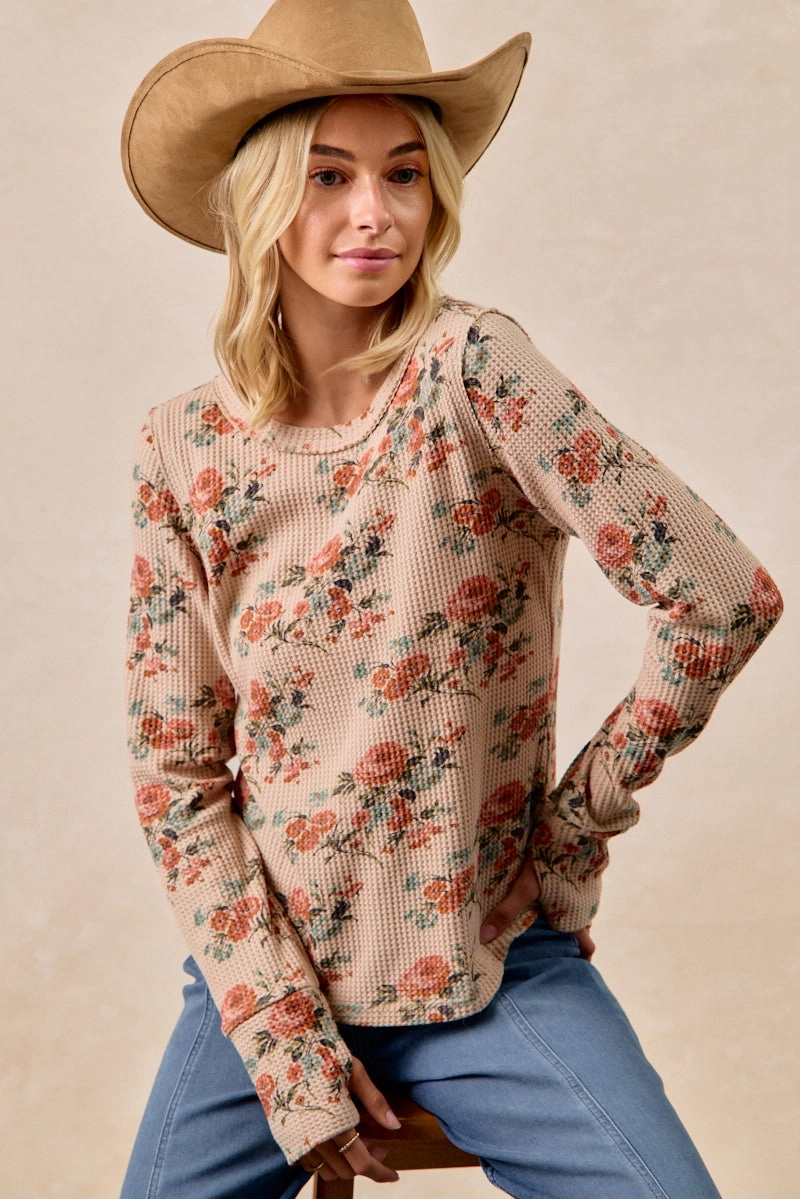 Move Easy IT4547G-05 | FLORAL PRINT WASHED WAFFLE THERMAL TOP WITH THUMB