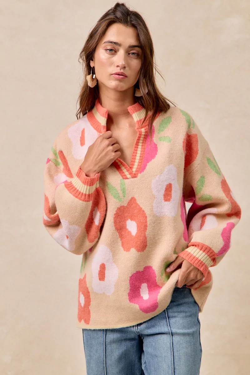 Bright Color Neutral Look IT4554S-01 | FLOWER PRINTED V NECK BANDED TOP