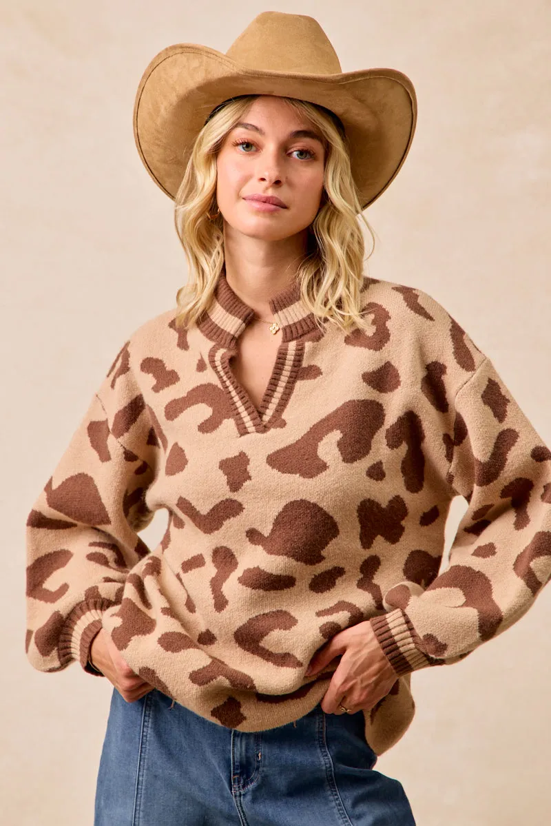 Soft Support IT4554S-02 | LEOPARD PRINTED KNIT V NECK BANDED TOP