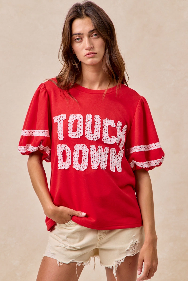 IT4581S-01 | GAMEDAY THEME SLEEVE TOP WITH TOUCH DOWN PATCHWORK Wardrobe Essential