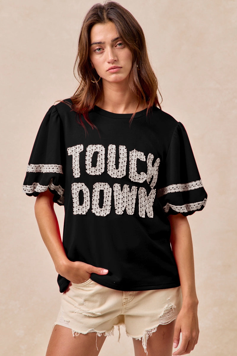 Metallic accents IT4581S-01 | GAMEDAY THEME SLEEVE TOP WITH TOUCH DOWN PATCHWORK