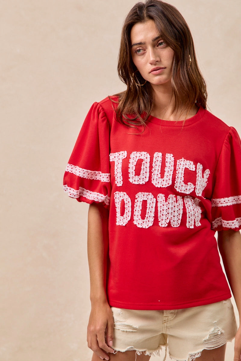Smooth Fabric Indoor Comfort IT4581S-01 | GAMEDAY THEME SLEEVE TOP WITH TOUCH DOWN PATCHWORK