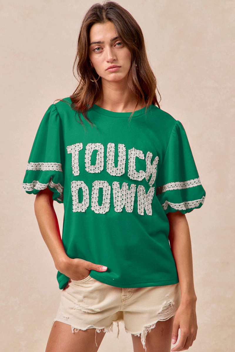 Wide-leg cut Low Profile IT4581S-01 | GAMEDAY THEME SLEEVE TOP WITH TOUCH DOWN PATCHWORK