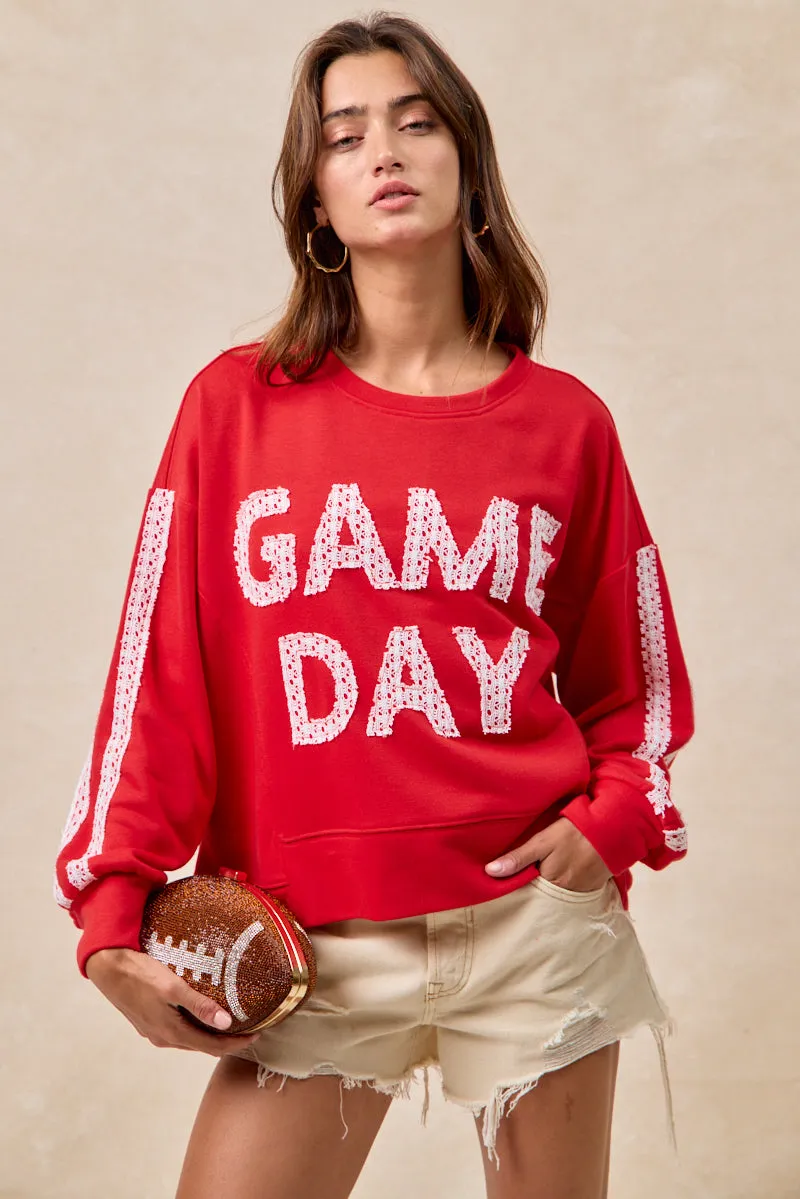 IT4583S-01 | GAMEDAY THEME LACE PATCHWORK TOP WITH UNEVEN HEM Simple Chill Piece City Ready Wear