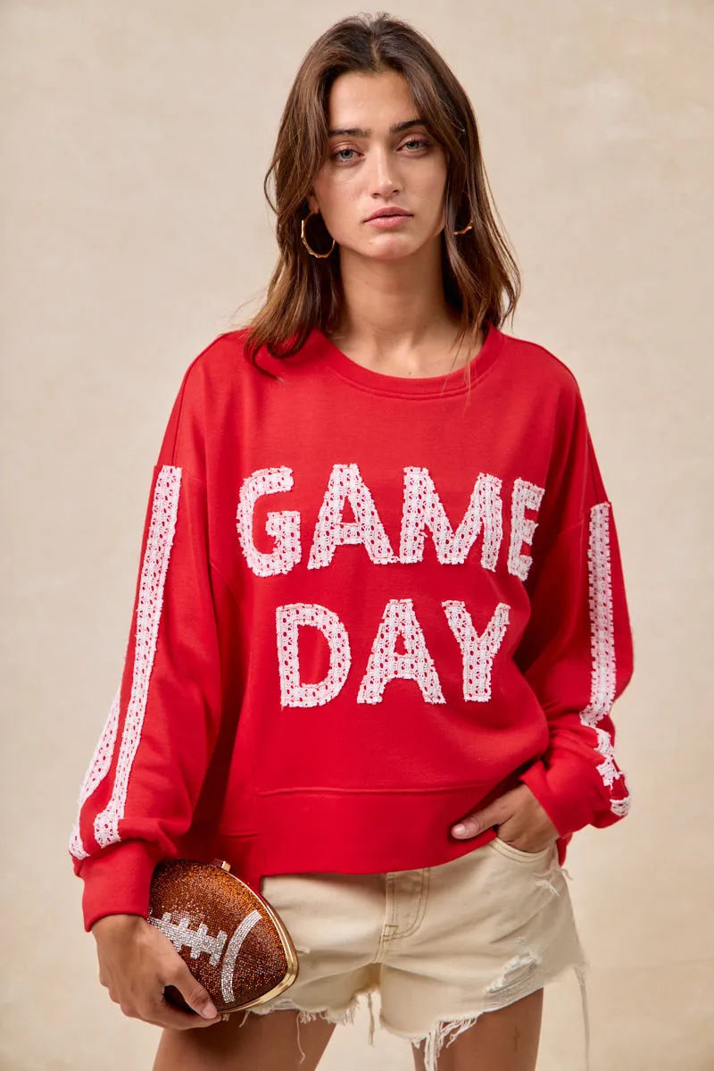 Basic Fit Winter Outerwear IT4583S-01 | GAMEDAY THEME LACE PATCHWORK TOP WITH UNEVEN HEM
