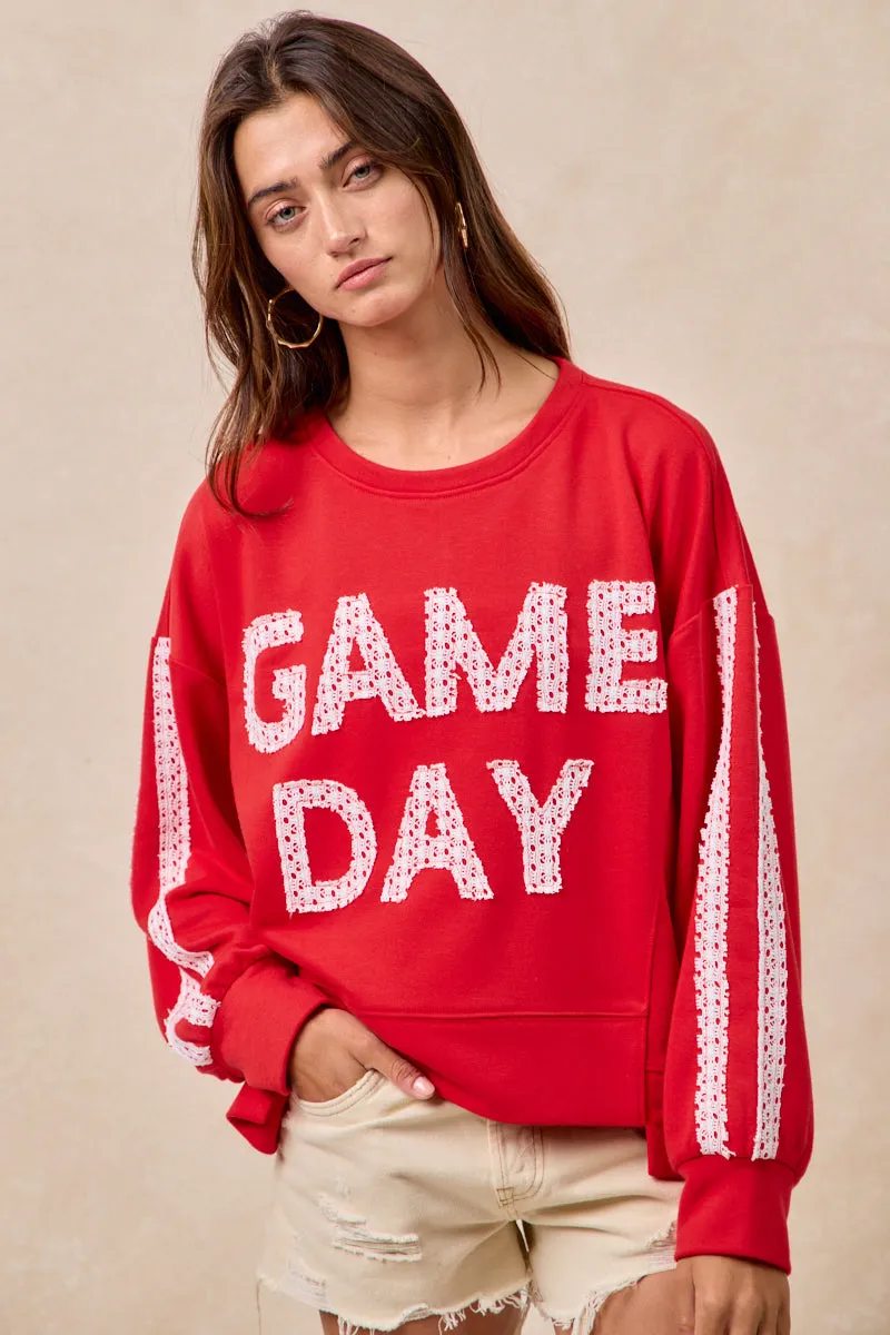IT4583S-01 | GAMEDAY THEME LACE PATCHWORK TOP WITH UNEVEN HEM City Ready Style Lightweight Shell
