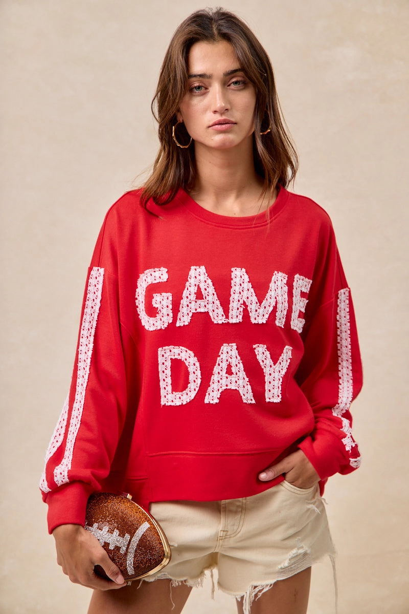 Simple Comfort IT4583S-01 | GAMEDAY THEME LACE PATCHWORK TOP WITH UNEVEN HEM