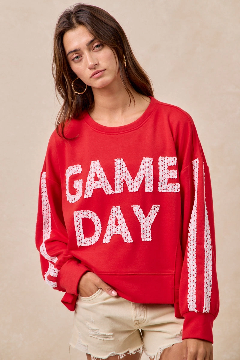 Urban Cool Bootcut shape IT4583S-01 | GAMEDAY THEME LACE PATCHWORK TOP WITH UNEVEN HEM