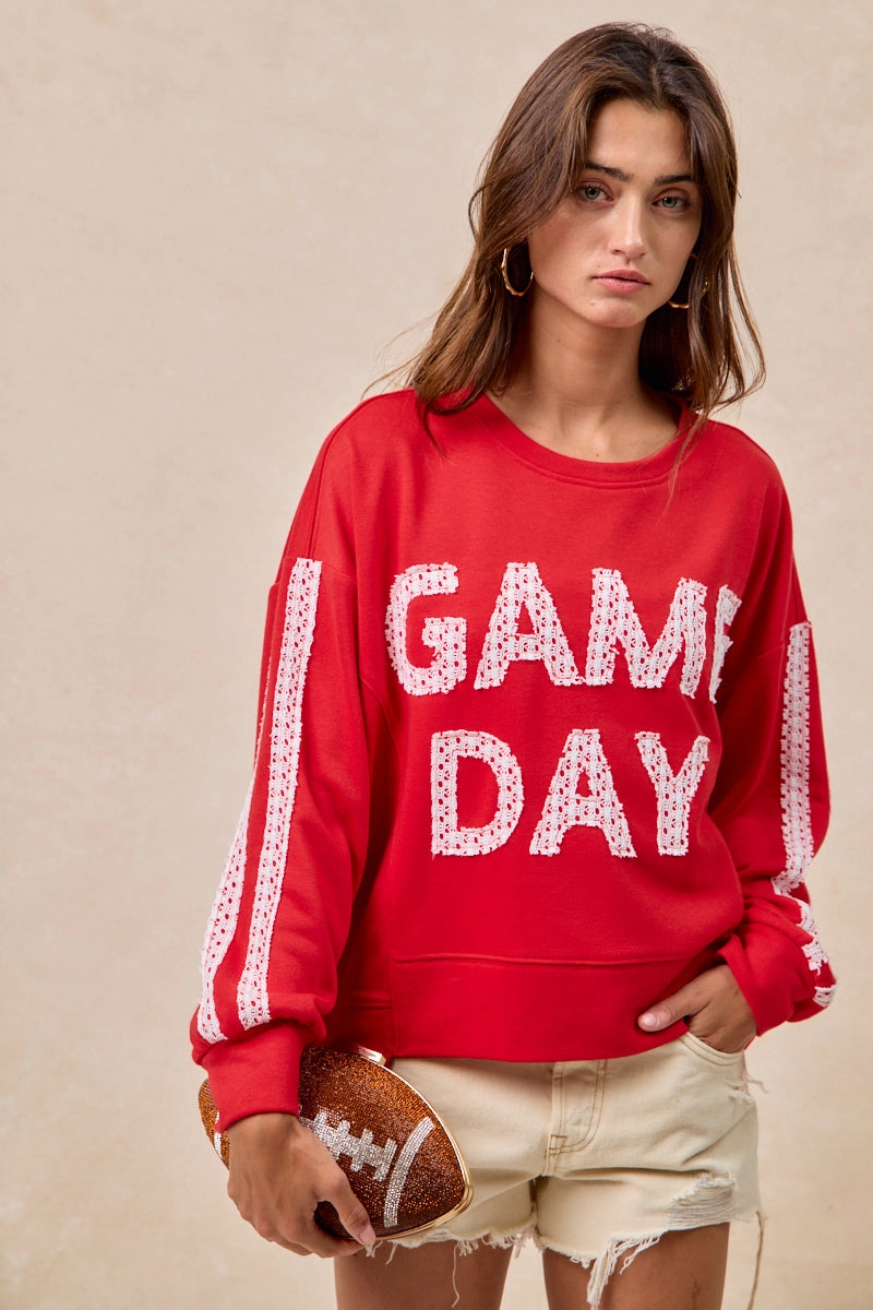 Comfortable Leg clean design IT4583S-01 | GAMEDAY THEME LACE PATCHWORK TOP WITH UNEVEN HEM