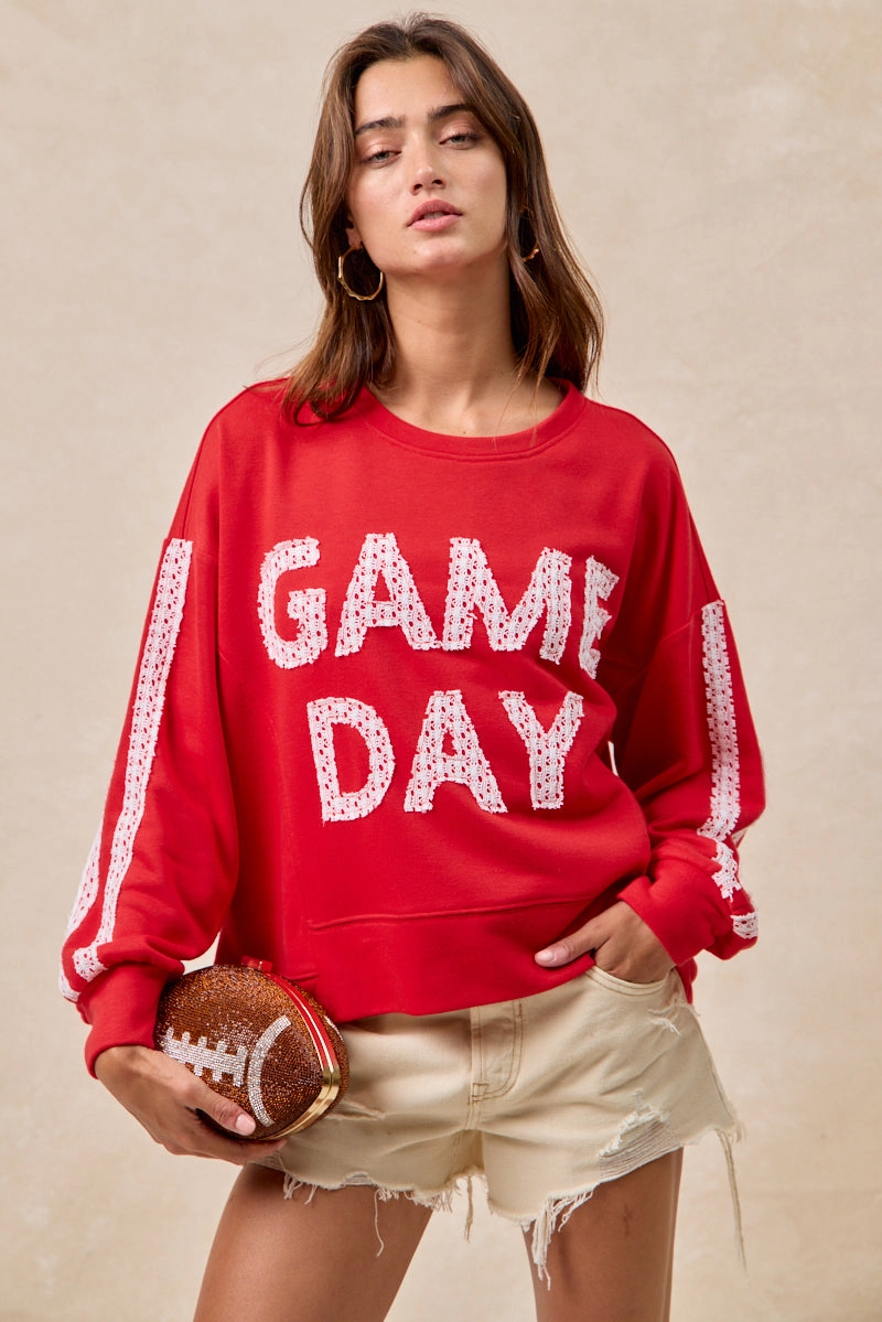 IT4583S-01 | GAMEDAY THEME LACE PATCHWORK TOP WITH UNEVEN HEM Comfortable Waistband