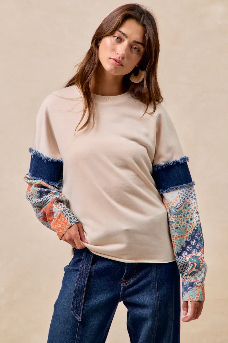 Stylish Basics IT4603S-02 | FRENCH TERRY PRINTED DENIM SLEEVE WITH FRAYED EDGE